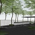 Modern Garden Wall Design With Trees Lawn Seating And Pavilion Area 3d model