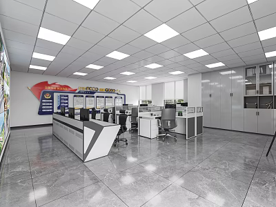 Spacious Public Service Hall Interior With Service Counters Computers And Bright Lighting 3d model