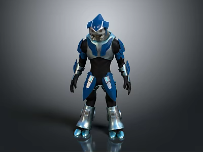 Blue And Silver Armored Robot Character With Helmet And Full Body Mechanical Armor 3d model