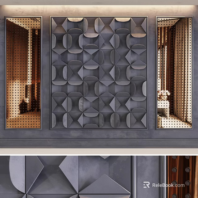 Modern Interior Decor With Geometric Patterned Wall And Perforated Panels 3d model 