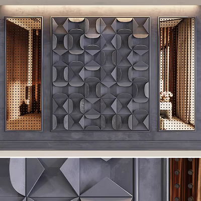 Modern Interior Decor With Geometric Patterned Wall And Perforated Panels 3d model