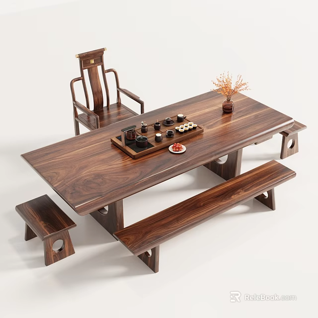Solid Wood Tea Table with Matching Chairs and Bench for Traditional Tea Ceremony 3d model