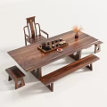 Solid Wood Tea Table with Matching Chairs and Bench for Traditional Tea Ceremony 3d model