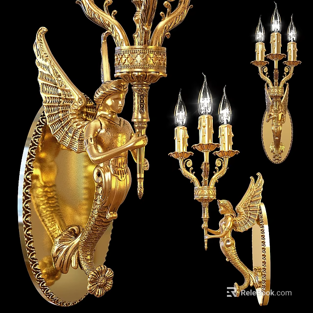 Golden Angel Shaped Wall Sconce With Candle Design And Ornate Classical Style 3d model 