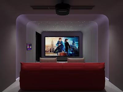 Modern Home Theater Room Interior With Red Sofa Large Screen Starry Ceiling And Ambient Lighting 3d model