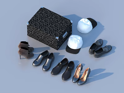 Assorted Leather Shoes Black Caps And Stylish Trunk Display Collection 3d model