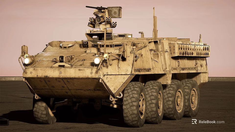 Military Utility Vehicle With Desert Camouflage Multi Wheeled Design Roof Mounted Weapons And Sensors 3d model 