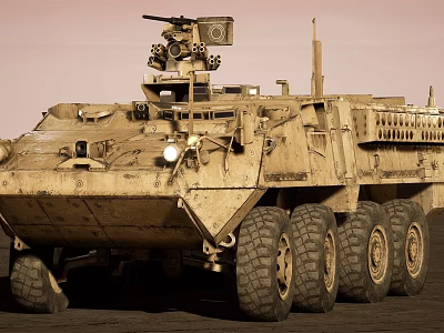 Military Utility Vehicle With Desert Camouflage Multi Wheeled Design Roof Mounted Weapons And Sensors 3d model