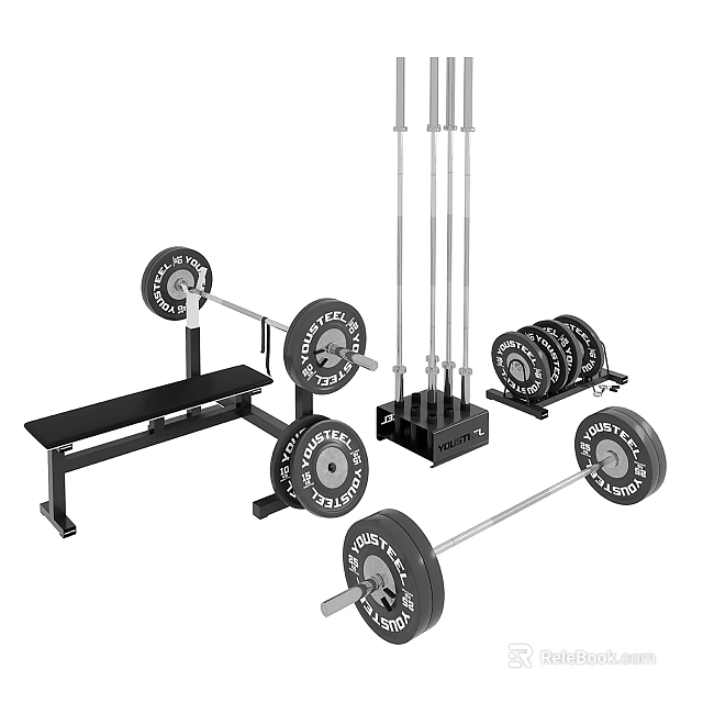Complete Home Gym Sports Equipment Set With Weight Bench Barbells Dumbbells And Rack 3d model 