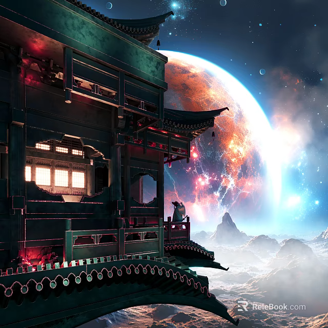 Ancient Chinese Architectural Tower With Overhanging Eaves Lit Windows Red Planet Starry Sky And Clouds 3d model 