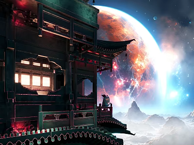 Ancient Chinese Architectural Tower With Overhanging Eaves Lit Windows Red Planet Starry Sky And Clouds 3d model