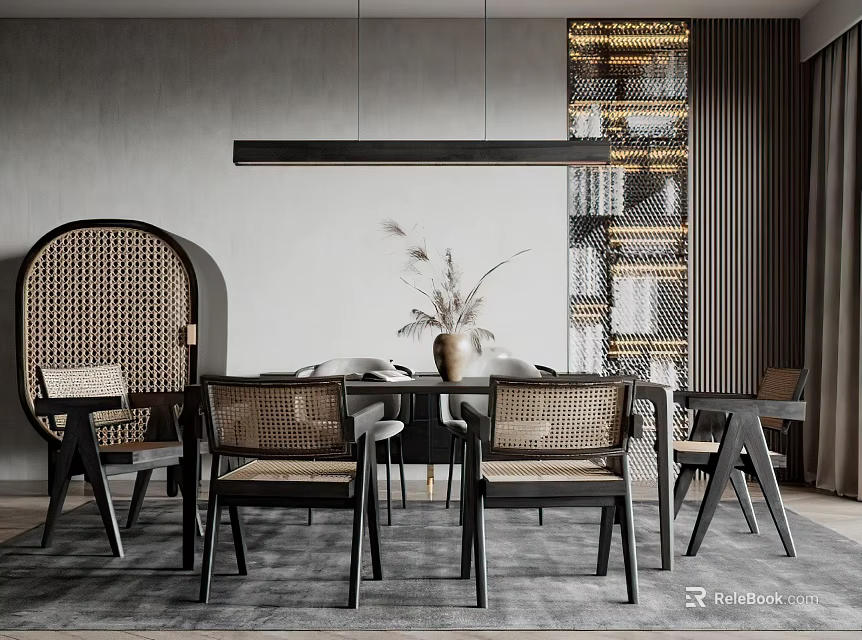 Modern Restaurant Interior With Rattan Elements Pendant Light Dining Table Chairs And Bookshelf Wall 3d model