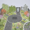 Lush Courtyard Garden With Fence Colorful Shrubs Circular Stone Path Decorative Centerpiece And Small Pond