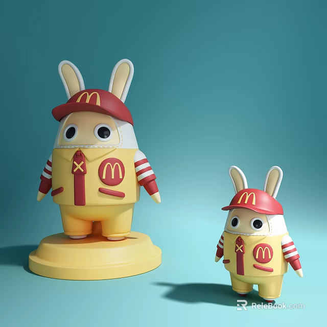 Cute Rabbit Doll in McDonald's Costume with Red Hat Yellow Body and Striped Sleeves 3d model 