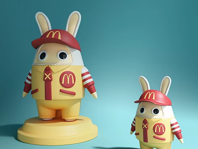 Cute Rabbit Doll in McDonald's Costume with Red Hat Yellow Body and Striped Sleeves 3d model