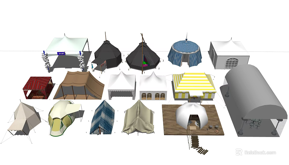 Various Outdoor Tents with Dome Striped and Pointed Designs in Different Colors 3d model 