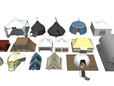 Various Outdoor Tents with Dome Striped and Pointed Designs in Different Colors 3d model