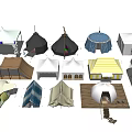 Various Outdoor Tents with Dome Striped and Pointed Designs in Different Colors