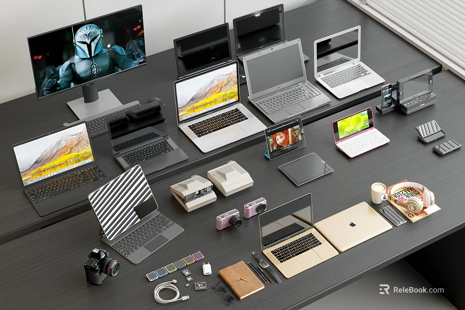 Various Laptops Monitors Tablets And Tech Accessories Displayed On Office Desk 3d model 
