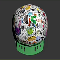 Colorful Sticker Decorated Helmet With Green Accent And Red Visor