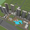 Modern High Rise Building Complex With Glass Facades Surrounding Roads And Green Areas