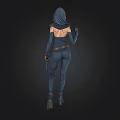 Hooded Female Character In Dark Tight Fitting Suit With Dual Weapons Standing Against Black Background