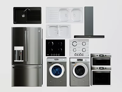 Essential Modern Kitchen Appliances Including Refrigerator Sink Range Hood Cooktop Oven and Washer 3d model