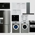 Essential Modern Kitchen Appliances Including Refrigerator Sink Range Hood Cooktop Oven and Washer