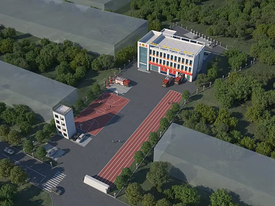 Modern Fire Station Building Exterior With Fire Trucks Training Track And Surrounding Green Trees 3d model