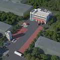 Modern Fire Station Building Exterior With Fire Trucks Training Track And Surrounding Green Trees