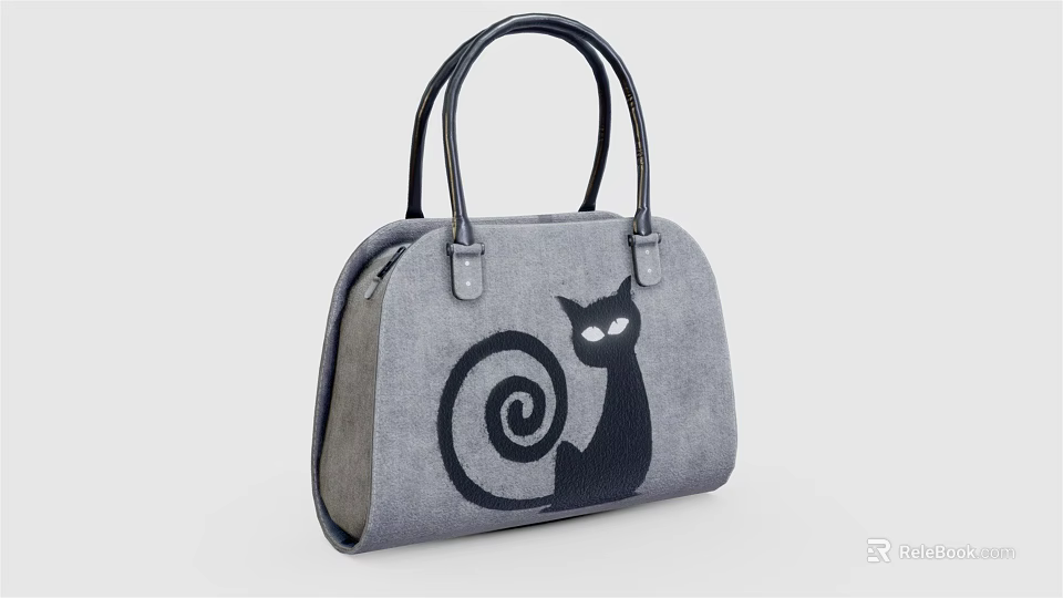 Gray Canvas Handbag With Black Cat Spiral Design And Black Handles 3d model 