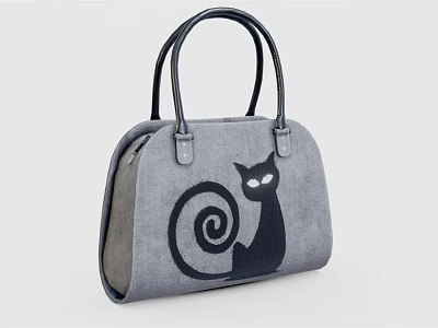 Gray Canvas Handbag With Black Cat Spiral Design And Black Handles 3d model
