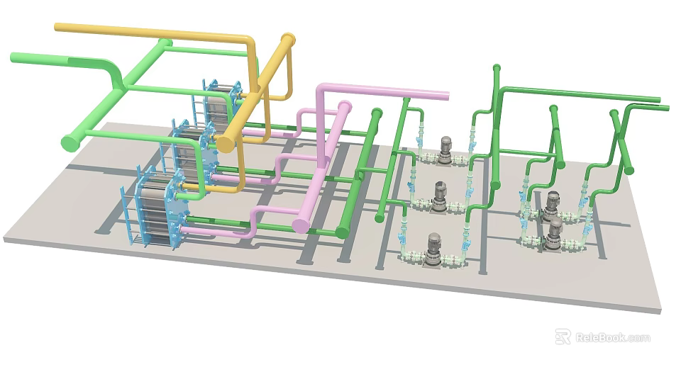 Industrial Equipment Piping System With Colored Pipes Valves And Pipe Supports 3d model 