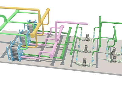 Industrial Equipment Piping System With Colored Pipes Valves And Pipe Supports 3d model
