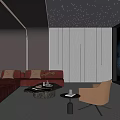 Luxurious Home Theater Room With Red L-shaped Sofa Coffee Table Brown Armchair and Starry Ceiling