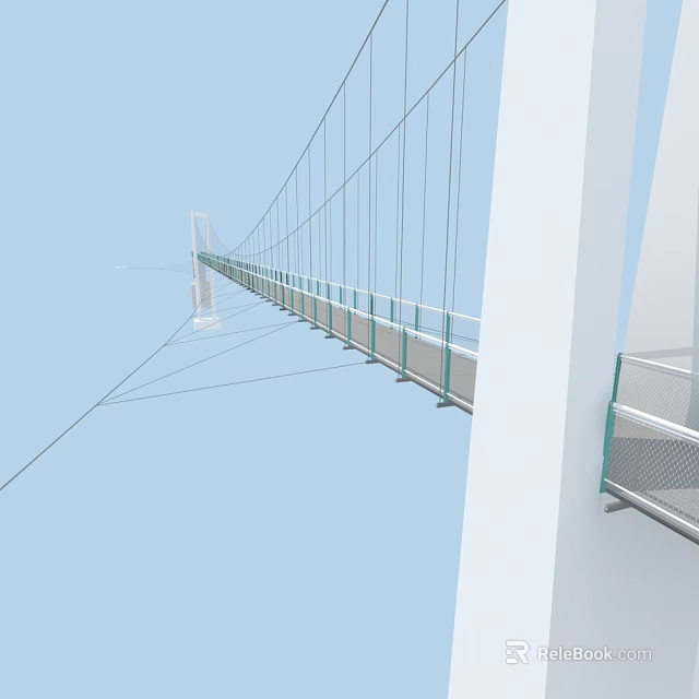 Modern Cable Stayed Landscape Bridge With Green Railings And Blue Sky View 3d model 