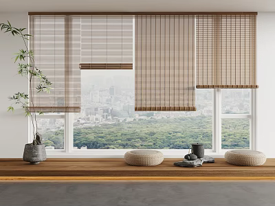 Bamboo Blinds in Bright Room With City View Green Landscape and Window Decor 3d model