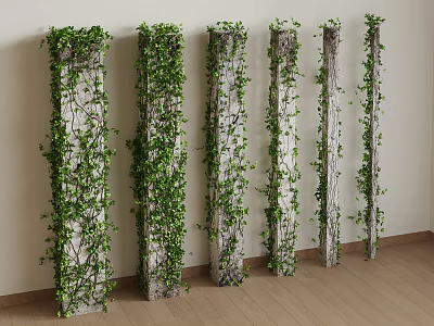 Green Ivy Covered Columns In Interior With White Wall And Wooden Floor 3d model