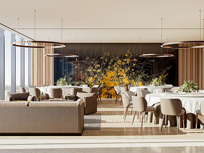 Modern Banquet Hall Interior Design With Hanging Lights Yellow Floral Decor Dining Tables And Chairs 3d model