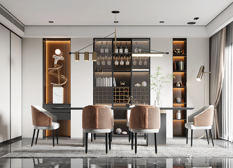 Modern Restaurant Interior Design With Dining Table Chairs Pendant Lights And Wine Cabinet 3d model 