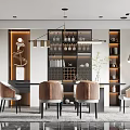 Modern Restaurant Interior Design With Dining Table Chairs Pendant Lights And Wine Cabinet