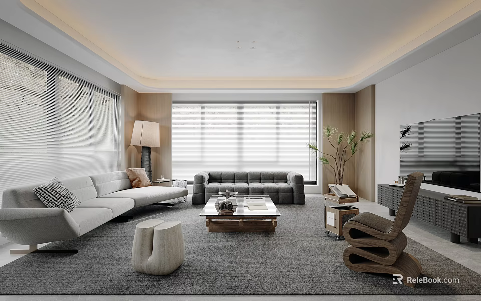 Modern Living Room Interior With White And Black Leather Sofas Coffee Table And Wooden Accents 3d model 