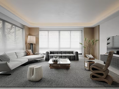 Modern Living Room Interior With White And Black Leather Sofas Coffee Table And Wooden Accents 3d model