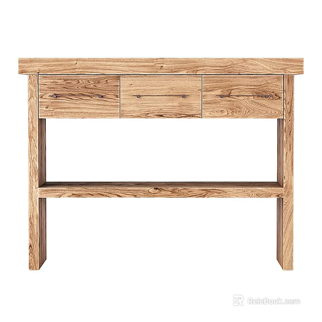 Natural Wooden Console Table With Three Drawers And Open Shelf Design 3d model 