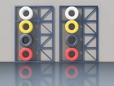 Modern Mesh Hinged Door With Blue Frame And Colorful Rings In White Yellow Gray Red 3d model