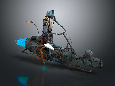 Game Movie Character Blue Sci Fi Figure Riding Green Mechanical Vehicle With Blue Jet Flames 3d model