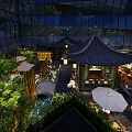 Traditional Chinese Style Garden Landscape With Cozy Lounge Seats Lush Green Plants And Warm Lighting