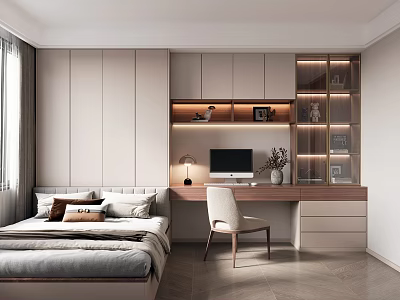 Modern Tatami Bedroom With Light Colored Bed Desk Chair And Decorative Shelves Lighting 3d model