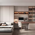 Modern Tatami Bedroom With Light Colored Bed Desk Chair And Decorative Shelves Lighting