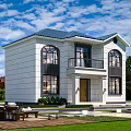 Modern Detached Villa Exterior With White Walls Large Windows And Front Lawn